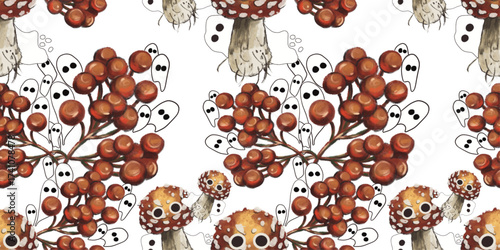 A seamless, digitally-painted pattern featuring a repeating motif of clusters of bright reddish-brown berries and small, white, cartoon-style ghosts with black eyes. The background elements include do
