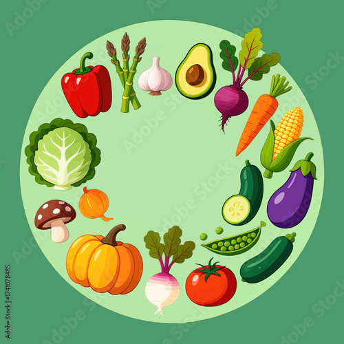 Colorful Vegetable Circle: Healthy, Diverse Produce on Green Background
