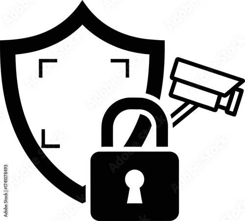 Shield icon with security camera and padlock. Cybersecurity, data protection, privacy concept. Vector icon for website, app, banner, signage