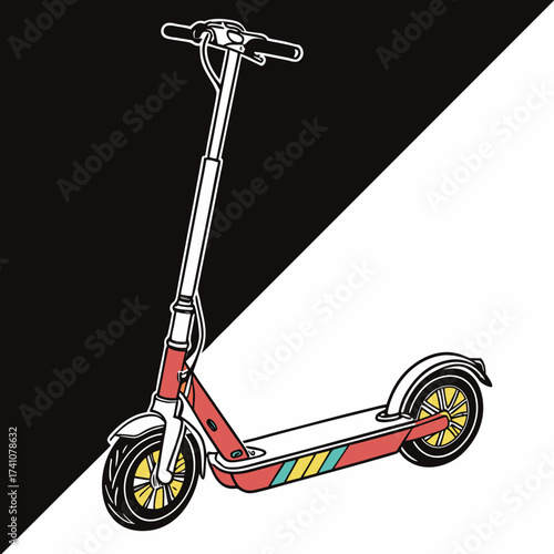 Red electric scooter with yellow wheels on black and white background