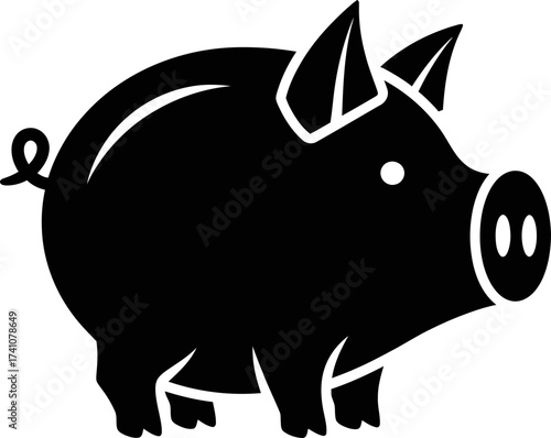 Black silhouette of a piggy bank icon in flat style for saving money, finance, economy, investment concept. Vector illustration