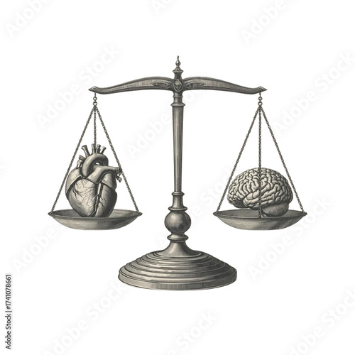 Vintage scale balancing human heart and brain balance