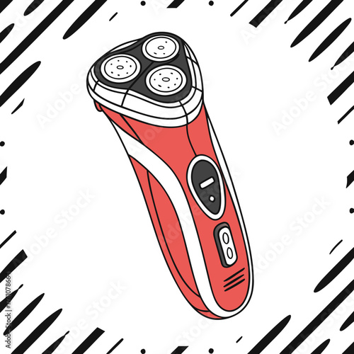 Red electric shaver with black and white abstract border
