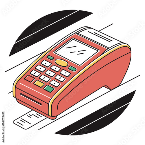 Red electronic cash register with receipt and keypad