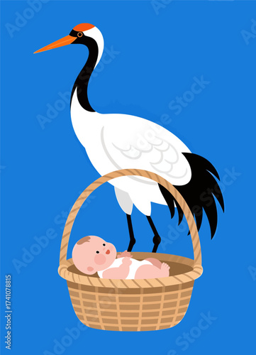 Crane Protecting Baby in Wicker Basket on Blue Sky