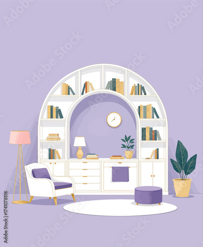 Cozy Purple Study Nook with Arch Bookshelf and Comfortable Chair
