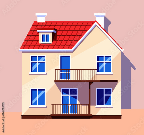 Cozy Two-Story Home with Red Roof and Balconies