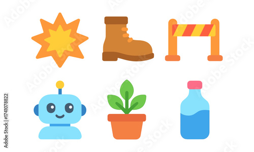 Colorful set of flat icons: robot, plant, boot, bottle, barrier, star