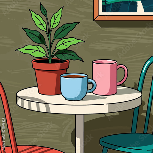 Cozy Indoor Caf? Setting with Potted Plant and Mugs