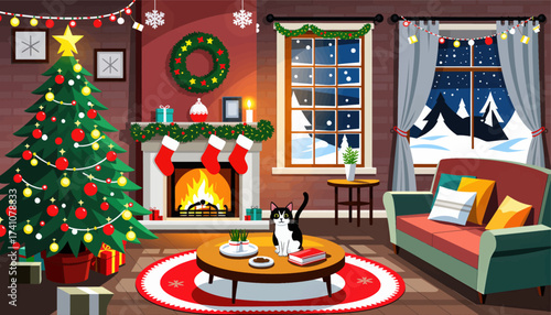 Cozy Christmas Living Room with Decorated Tree and Fireplace