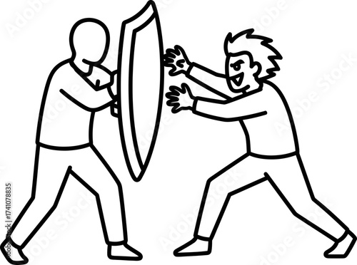 Two men fighting, one with a shield defending against another man's attack. Conflict, protection, security concept. Black and white vector illustration