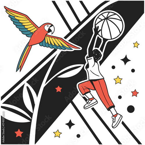 Red parrot flying near basketball player dunking macaw