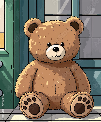 Cuddly teddy bear sitting at cozy doorstep, autumn afternoon
