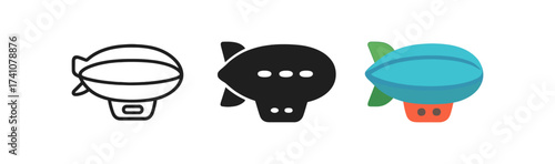 Stylized airship icons: line, solid, and colorful design variations