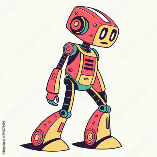 Red yellow and teal robot walking android machine