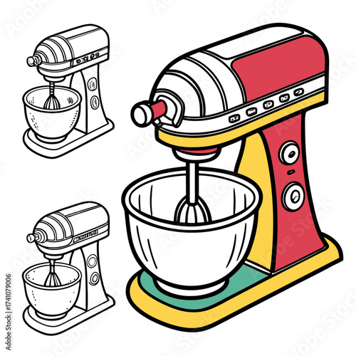 Red yellow and teal stand mixer with whisk kitchen appliance