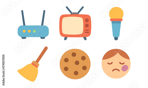 Colorful flat icons of everyday objects and expressions