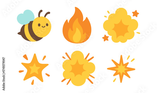 Cute cartoon bee and explosive elements in bright playful design