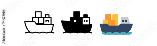 Shipping vessel icons: colorful, silhouette, and outline designs for maritime themes