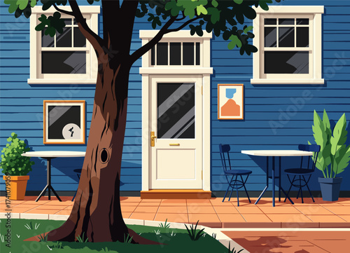 Cozy Blue House with Outdoor Caf? Tables