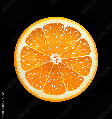 Cross-section of an orange slice on black background, vibrant and juicy