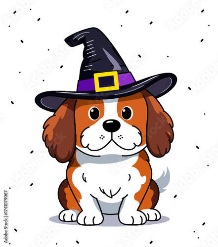 Cute Puppy in Witch Hat, Halloween Spirit, Playful Dog, Brown and White Coat, Whimsical Background