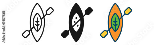 Colorful and minimalist kayak designs featuring paddles in linear, silhouette, and flat styles