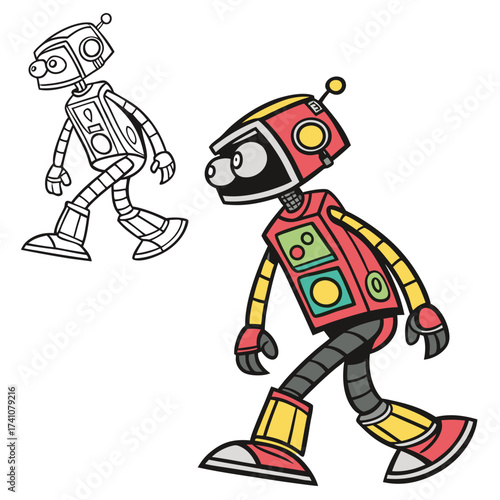 Red yellow robot walking with outline version black