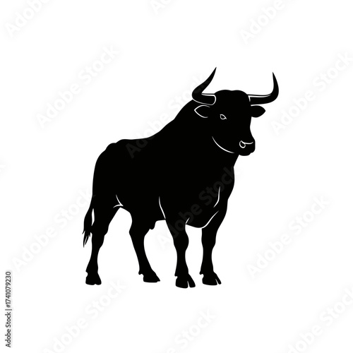 Powerful silhouette of a standing bull charging forward symbolizing strength and determination isolated on white background