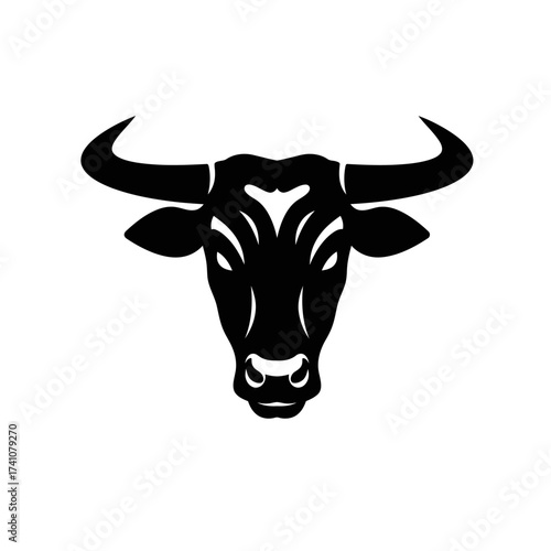 Bold silhouette of a bull's head with powerful horns symbolizing strength and determination isolated on white background