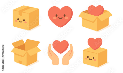 Cute box and heart icons set with kawaii smiling faces and hand holding hearts