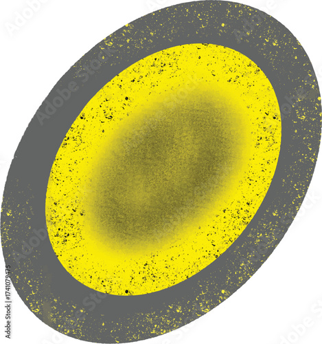 Abstract Elliptical Shape with Yellow Gradient Center, Speckled Texture, and Dark Gray Ring on Transparent Background