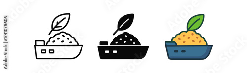 Minimalist grain bowl icons featuring leaf garnish in line, solid, and color styles