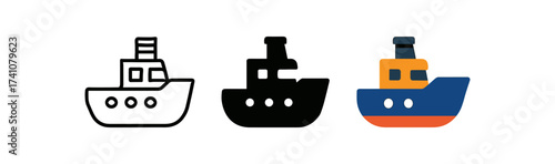 Minimalist nautical boat icons in outline, silhouette, and flat color styles