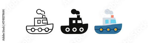 Tugboat icon set: three styles - outline, solid, flat color