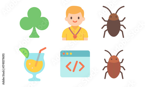 Flat design icons: club, person, cockroach, cocktail, code window