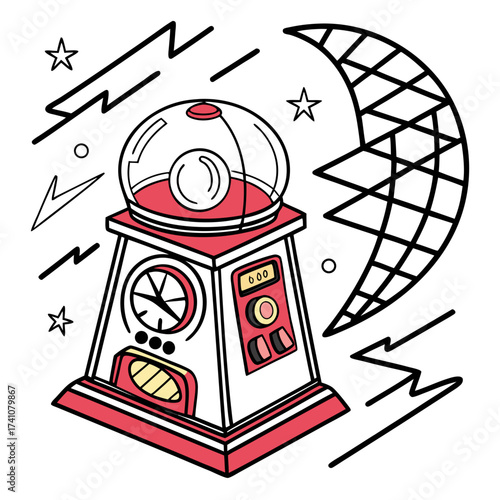 Retro time machine with colorful controls and abstract elements