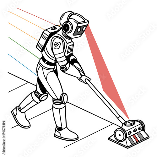Robot vacuum cleaner with red laser beam and colored lines