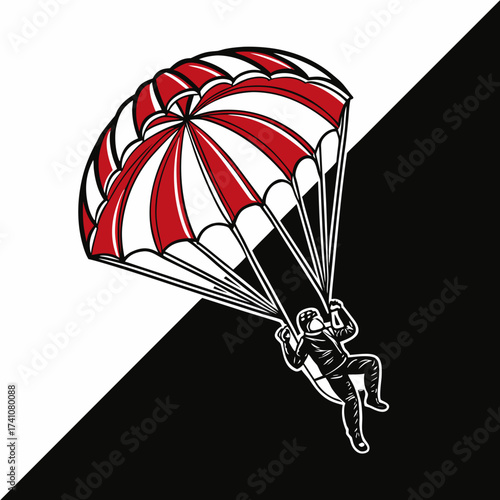 Skydiver with red and white parachute descending on black and white background