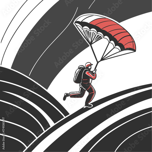 Skydiver with red and white parachute in abstract landscape