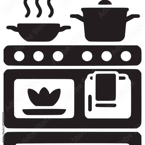 A black and white illustration of a stove with cookware and a towel hanging on the side door