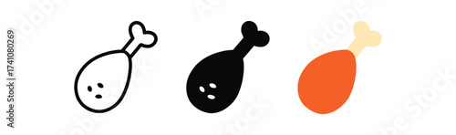 Three styles of chicken drumstick icons: outline, solid, and flat design