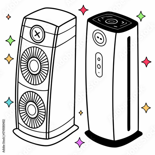 Two cartoon air purifiers with colorful stars vector