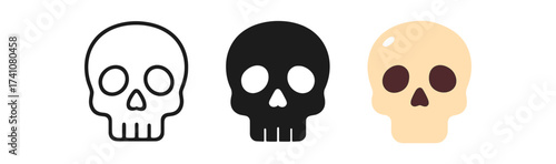 Skull design trio: outline, solid, and flat styles for creative projects