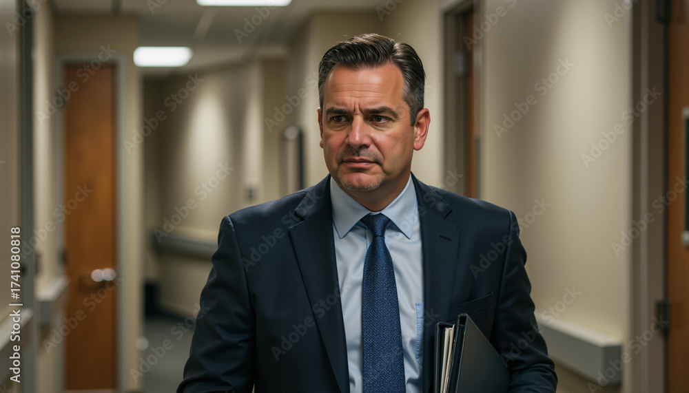 Fototapeta premium Businessman walking through a hallway with folders in hand 