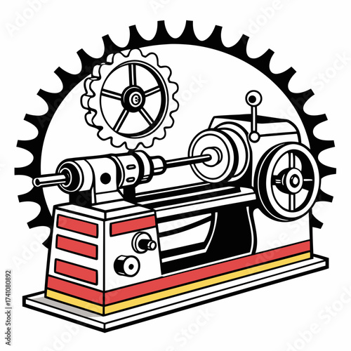 Vector Lathe Machine with Gears and Red Yellow Stripes