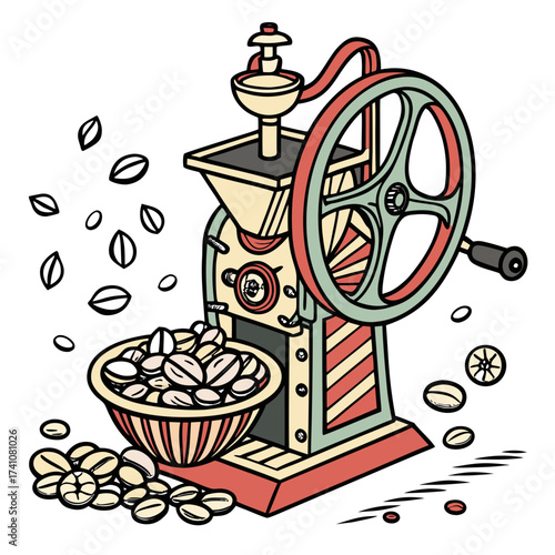 Vintage coffee grinder with beans and leaves retro