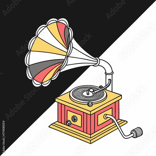 Vintage gramophone with colorful horn on split background