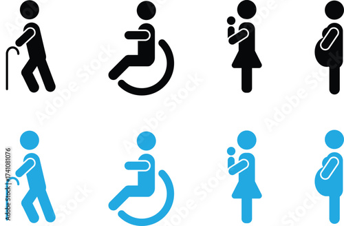 Vector set of accessibility and priority icons representing elderly people, wheelchair users, pregnant women, and parents with babies
