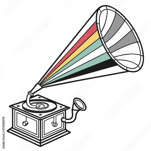 Vintage gramophone with colorful sound waves retro